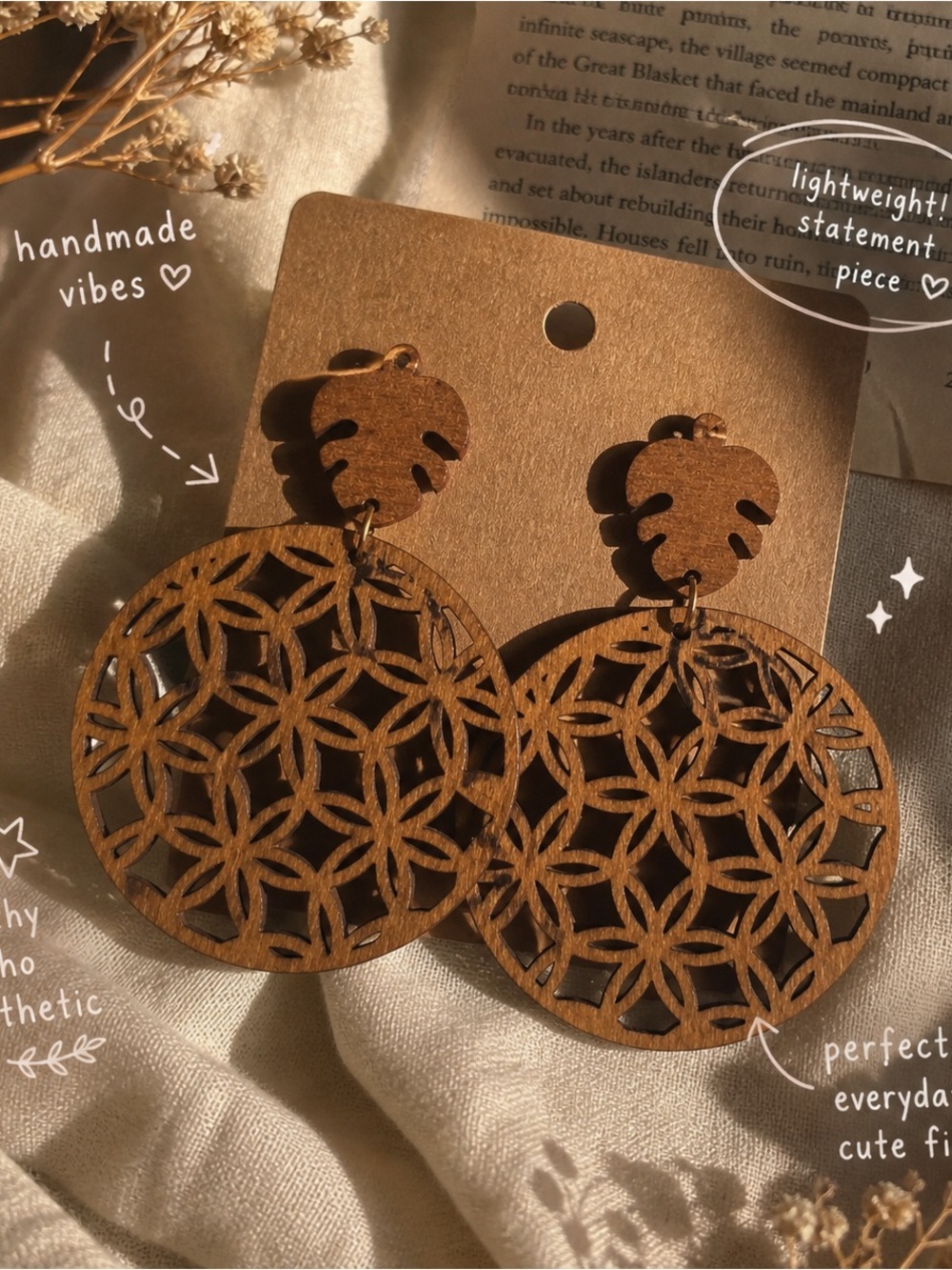 Hand Crafted Wooden Filigree Circle Drop Earrings - Brown